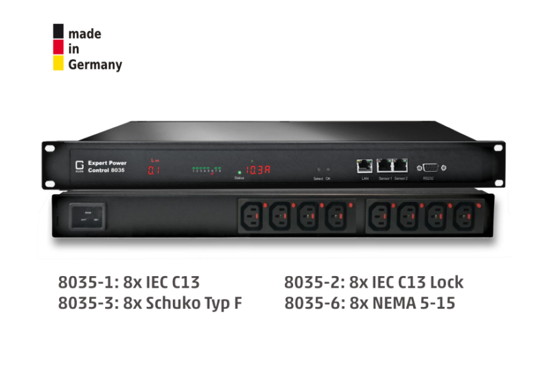 8-fold switched and outlet-metered PDU, Type F rear