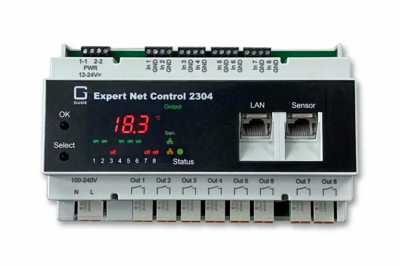 IP relay control with 8 channels and 8 signal inputs , 8 potential-free relais outputs, 8 passive signal inlets
